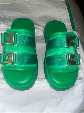 Bottega Veneta Emerald Green Double-Buckle Slide Sandals